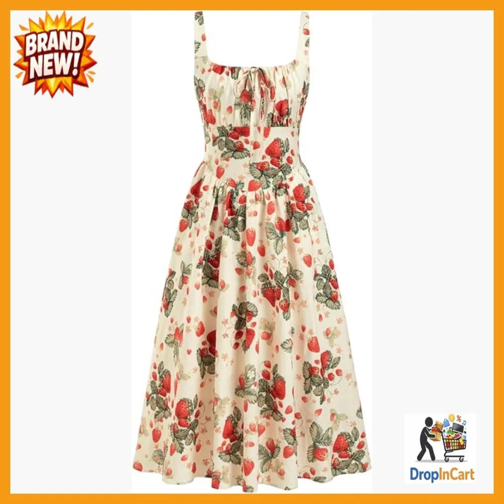 Strawberry Floral Maxi Dress Sleeveless Square Neck Flowy Milkmaid Cottage Core